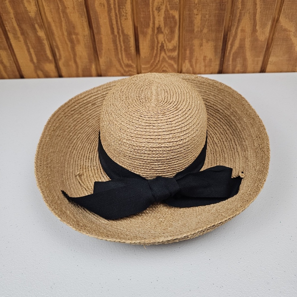 Helen Kaminski Newport Hat 100% Raffia Sun Hat Black Bow Natural